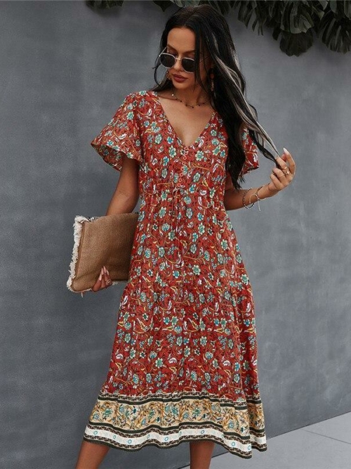 Boho Kleid Lang Blume Legere