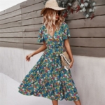 Boho Kleid Blume V-Ausschnitt