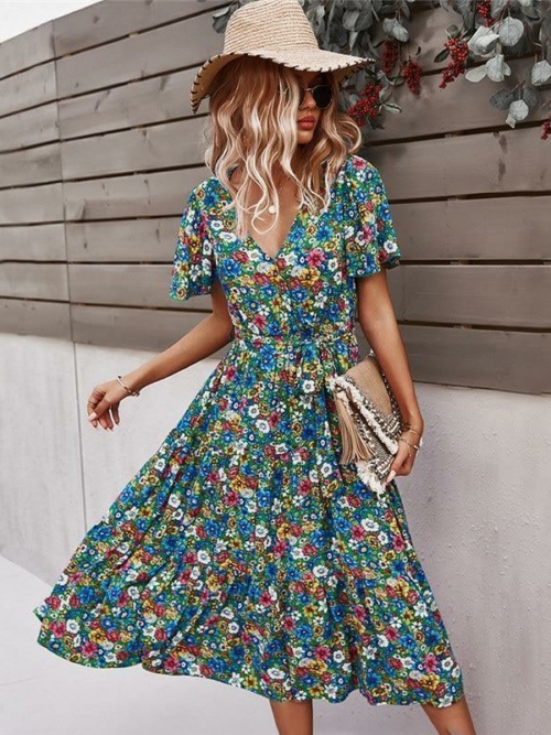 Boho Kleid Blume V-Ausschnitt