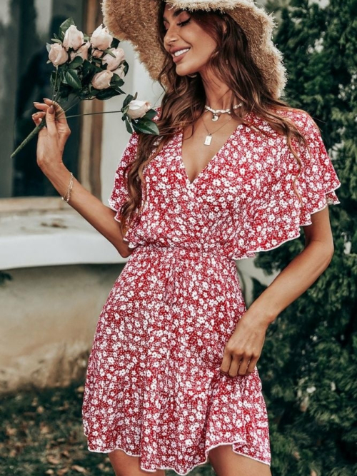 boho-Kleid Blume Rot