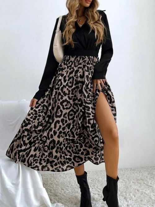 LANGER ROCK MIT LEOPARDENMUSTER IM BOHO-STIL