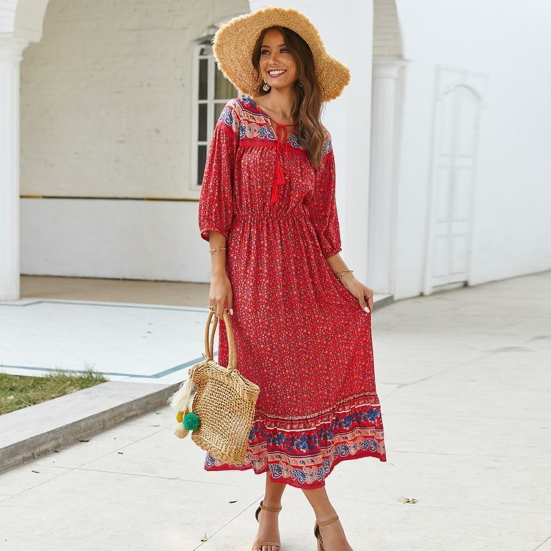 Boho Kleid Rot Blume Vintage