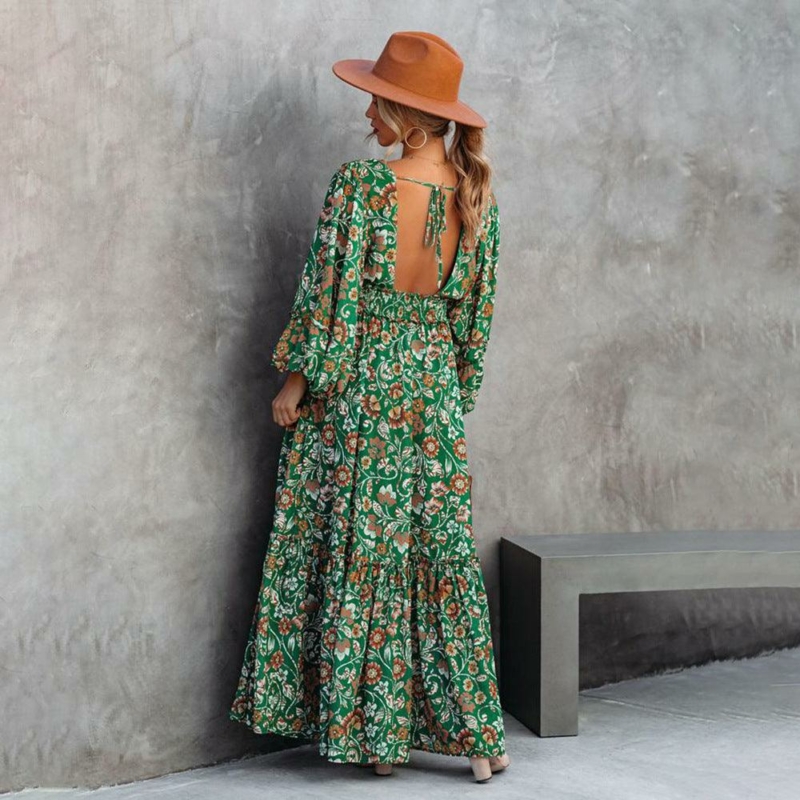 boho Maxi-Kleid mit Blumenmuster Grün