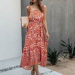 Boho Kleid Fliessend Blume Rot