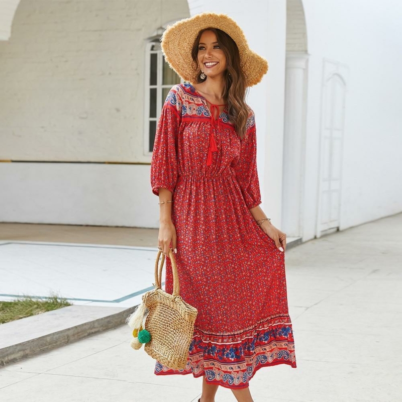 Boho Kleid Rot Blume Vintage