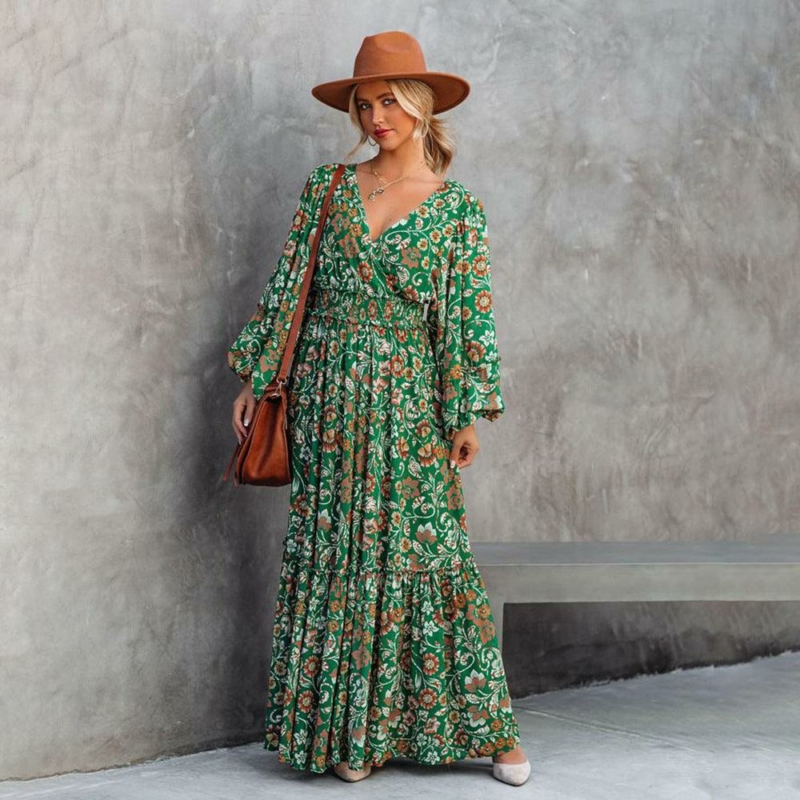 boho Maxi-Kleid mit Blumenmuster Grün