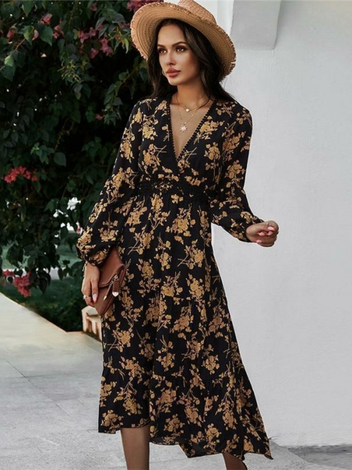 Boho Kleid Blume Lang Mit Ärmel