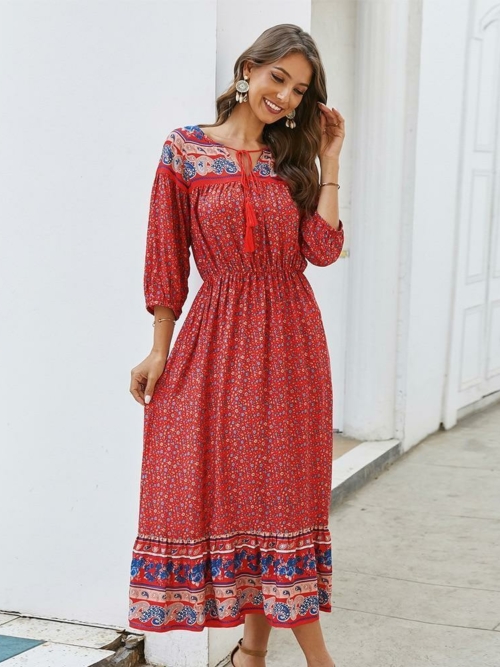 Boho Kleid Rot Blume Vintage