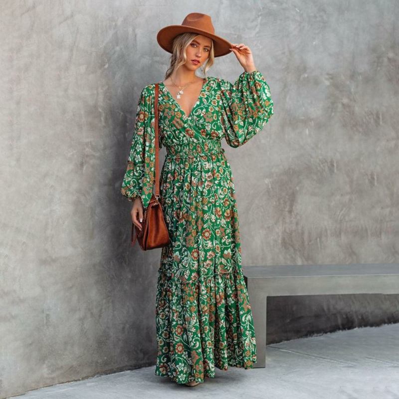 boho Maxi-Kleid mit Blumenmuster Grün