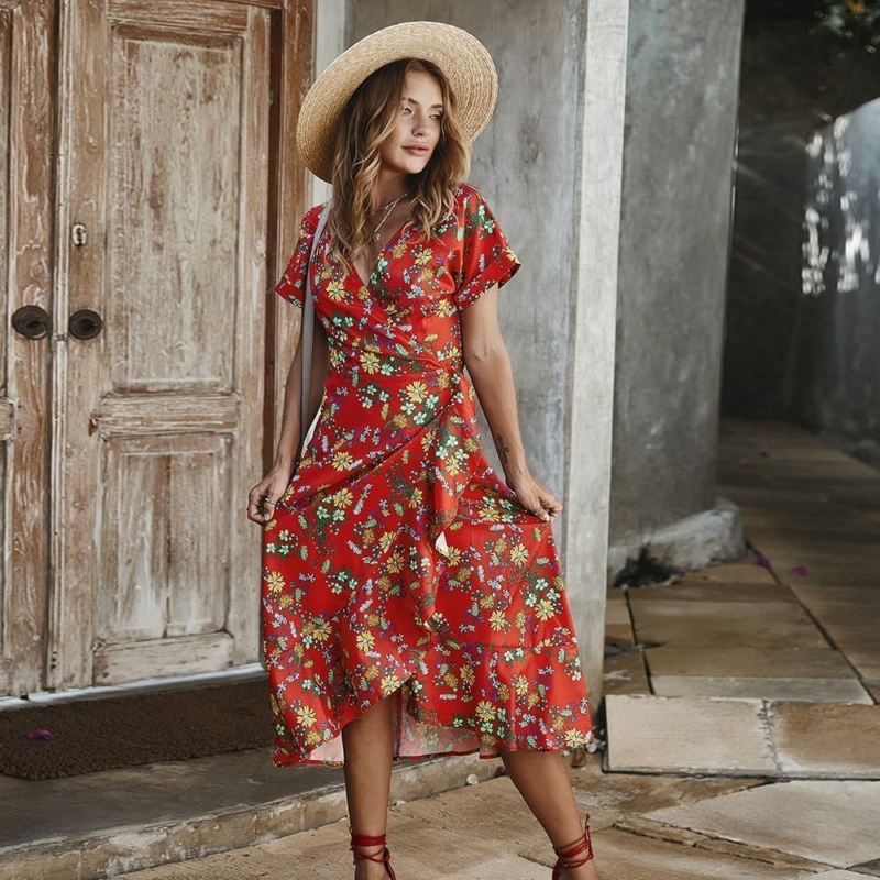 Boho Kleid Lang Asymmetrisch Blume