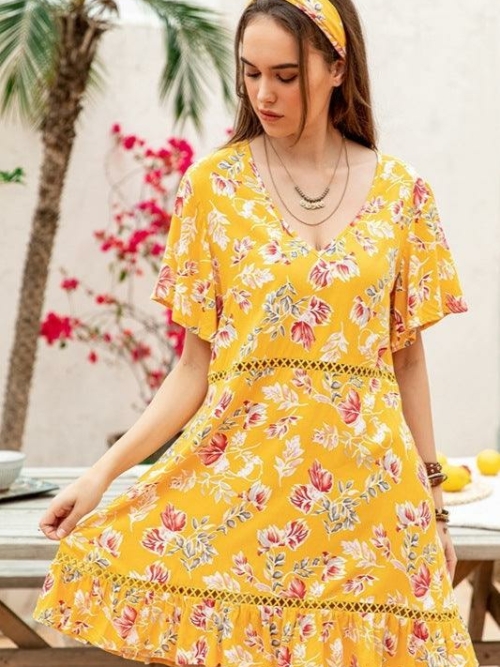 boho-Kleid Gelb Blumen