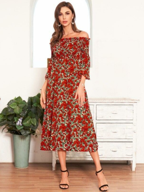 Boho Kleid Empire lang Blume