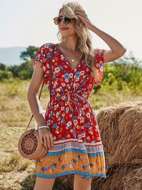 Boho Kleid "Cache Coeur" Rot Blume