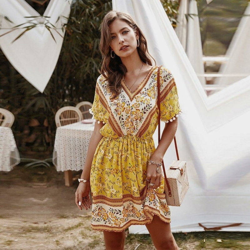 Boho Kleid Blume Mit Rüsche